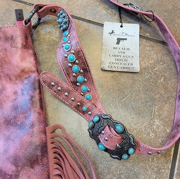 NWT Montana West Concealed Carry  Pink Crossbody Turquoise, studs, Frindge - Picture 6 of 16